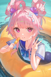  absurdres ahoge blue_bow blue_sailor_collar blush bow bowtie commission double_bun fantasista_doll female flower food hair_bun hair_flower hair_intakes hair_ornament hairbow hairclip highres holding holding_food holding_popsicle innertube looking_at_viewer one-piece_swimsuit partially_submerged pink_eyes pink_hair popsicle pulmo_(artist) purple_bow sailor_collar school_swimsuit school_uniform serafuku shirt short_sleeves sidelocks skeb_commission smile solo swim_ring swimsuit ukiwa_(fantasista_doll) v water wet white_shirt 