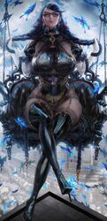  1girls arm_length_gloves bayonetta bayonetta_(character) bayonetta_3 beauty_mark big_breasts big_thighs black_hair blue_eyes bodystocking boots braided_hair braids breasts butterfly closed_legs clothed clothing earrings female female_focus female_only full_body fully_clothed glasses gloves grabbing_hair grabbing_own_hair hair hair_grab hair_pull high_heels hips huge_breasts jewelry large_breasts legs legs_crossed long_hair looking_at_viewer mature mature_female milf nintendo sakimichan sitting sitting_down sitting_on_throne smile solo solo_female solo_focus stockings thick_hips thick_thighs thigh_boots thighs throne twin_braids wide_hips 