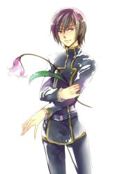  black_hair code_geass flower lelouch_lamperouge male male_focus mameezu purple_eyes school_uniform short_hair simple_background solo violet_eyes 