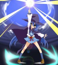  blue_hair cape cosplay female female hat izumi_konata jpeg_artifacts long_hair lucky_star nagato_yuki nagato_yuki_(cosplay) outdoors school_uniform sky solo suzumiya_haruhi_no_yuuutsu very_long_hair wand witch_hat 