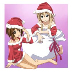  bag banned_artist barefoot christmas costume hat hirasawa_yui k-on! kotobuki_tsumugi mountain_pukuichi multiple_girls santa_costume 