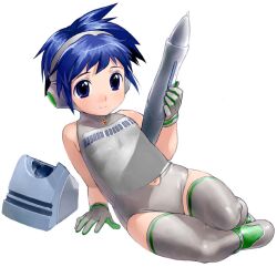  androgynous arm_support bangs bare_shoulders blue_eyes blue_hair copyright_request full_body gem gloves grey_gloves grey_legwear halterneck headphones holding leotard light_smile lolicon looking_at_viewer navel navel_cutout oversized_object pen reclining satou_toshiyuki short_hair simple_background smile solo thighhighs turtleneck white_background 