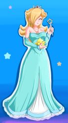  blonde_hair blonde_hair blush crown detached_sleeves detatched_sleeves earring gown hair_over_one_eye happy luma nail_polish necklace nintendo pacifier princess_rosalina sigurdhosenfeld super_mario super_mario_galaxy wand 