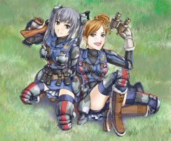  2girls armor binoculars breastplate breasts edy_nelson faulds gloves grass grey_eyes grey_hair gun medium_breasts military military_uniform multiple_girls orange_hair photoshop_(medium) ramona_linton ribbed_sweater senjou_no_valkyria_(series) senjou_no_valkyria_1 side_ponytail submachine_gun sweater thighhighs twintails uniform weapon zettai_ryouiki 