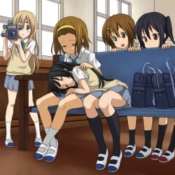  akiyama_mio bangs banned_artist black_hair black_legwear blunt_bangs camcorder hime_cut hirasawa_yui k-on! kneehighs kotobuki_tsumugi long_hair mountain_pukuichi multiple_girls nakano_azusa school_uniform shoes sleeping socks tainaka_ritsu uwabaki 