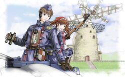  alicia_melchiott binoculars brown_hair grey_hair gun headphones military military_uniform military_vehicle moris rifle senjou_no_valkyria senjou_no_valkyria_1 short_hair tank twintails uniform vehicle weapon welkin_gunther windmill 