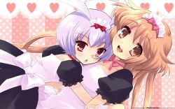  alice_parade animal_ears apron blush bunny_ears glasses happy heart hug itou_noiji long_hair maid miori_(alice_parade) multiple_girls orange_eyes orange_hair purple_hair red_eyes ribbon short_hair silk_(alice_parade) smile 