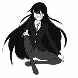  black_hair feet formal houkago_play long_hair necktie no_skirt pantyhose skirtless suit tie yellow_eyes 