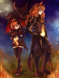  bloomers demon_boy demon_wings female fire horns layla_(sound_horizon) legs long_hair momopanda multicolored_hair red_eyes red_hair seisen_no_iberia shaytan_(sound_horizon) sound_horizon thighhighs underwear wings 