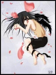  androgynous barefoot black_hair black_wings iruka_loves_kakashi_(deviantart) lolicon long_hair lowres lying sad sakura_petals solo wings 