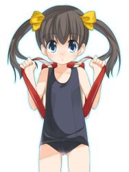  backpack bag black_school_swimsuit blue_eyes brown_hair highres lolicon one-piece_swimsuit original randoseru school_swimsuit shouji_ayumu solo swimsuit twintails 