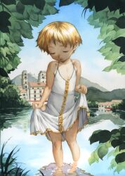  barefoot brown_hair city closed_eyes copyright_request day dress flat_chest lolicon nature open_mouth outdoors satou_toshiyuki short_hair skirt_hold sleeveless sleeveless_dress soaking_feet solo standing water 