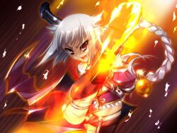  braid female fire gakushin game_cg kick kicking koihime_musou ponytail purple_eyes scar silver_hair single_braid solo violet_eyes 