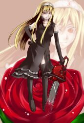  blonde_hair blood chainsaw chicks_with_chainsaws flower hime_(kaibutsu_oujo) kaibutsu_oujo kanaria_(artist) lilianne long_hair red_eyes rose tiara tori_(minamopa) 