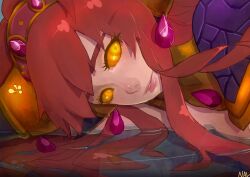  alexstrasza armor artist_request close-up face glowing_eyes horns long_hair looking_back nal_(nal&#039;s_pudding) orange_eyes red_hair red_hair sad warcraft world_of_warcraft 