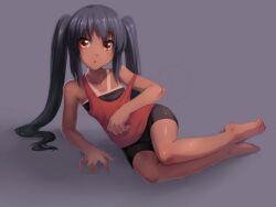  :o babycat barefoot bike_shorts black_hair brown_eyes camisole duplicate feet female female full_body k-on! long_hair nakano_azusa observerz sitting solo tan tanline twintails 