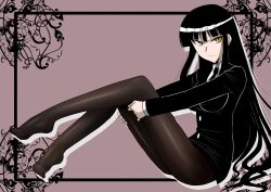  black_hair feet female female_protagonist_(houkago_play) formal houkago_play necktie no_skirt pantyhose skirtless solo suit tie toes yellow_eyes zerosu_(take_out) 