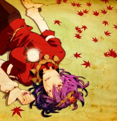  banned_artist fugi_jis hands lips lipstick lying makeup nail_polish on_back purple_hair purple_nails red_eyes solo touhou yasaka_kanako 