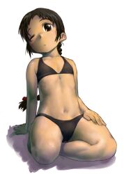  arm_support bikini black_bikini braid brown_eyes brown_hair flat_chest full_body hand_on_thigh kneeling leaning_back lolicon long_hair low-tied_long_hair navel one_eye_closed original parted_lips satou_toshiyuki simple_background solo swimsuit white_background 