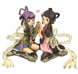  2girls armor black_hair blue_eyes blush boots fingerless_gloves gensou_suikoden gensou_suikoden_v gloves hand_holding heart holding_hands kneeling lyon miakis multiple_girls pantyhose purple_eyes purple_hair short_hair simple_background sitting skirt smile suikoden suikoden_v violet_eyes 