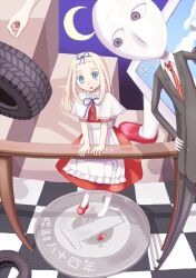  abstract blonde_hair blue_eyes coin dreamrabbit dress hair_ribbon long_hair moon ribbon surreal tire yuyuzuki_(yume_usagi) 