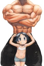  biceps blue_eyes blue_hair copyright_request female flexing lolicon muscle pose satou_toshiyuki shorts 