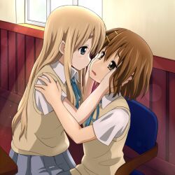  banned_artist blonde_hair blue_eyes blush brown_eyes brown_hair eyebrows hair_ornament hairclip hirasawa_yui k-on! kotobuki_tsumugi long_hair mountain_pukuichi multiple_girls school_uniform short_hair skirt tears 