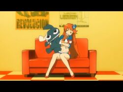  ad belly_button couch funny_face grin hat jpeg_artifacts long_hair midriff mocking navel red_hair red_hair sitting smile stuffed_animal stuffed_toy tengen_toppa_gurren-lagann tengen_toppa_gurren_lagann yoko_littner yoko_littner 