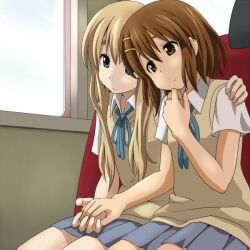  banned_artist blonde_hair blue_eyes brown_eyes brown_hair hirasawa_yui holding_hands k-on! kotobuki_tsumugi long_hair mountain_pukuichi multiple_girls school_uniform short_hair 