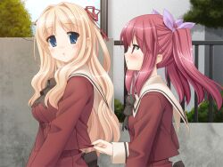  2girls blonde_hair blue_eyes blush couple fuguria fuguriya game_cg long_hair matsubara_yuuna multiple_girls oda_nanami peko red_eyes red_hair red_hair ribbon school_uniform seifuku sono_hanabira_ni_kuchizuke_wo twintails yuri 