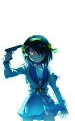  at_gunpoint atlus evil gun gun_to_head gunpoint multicolored_eyes parody persona persona_3 school_uniform seifuku short_hair smirk suzumiya_haruhi suzumiya_haruhi_no_yuuutsu weapon 