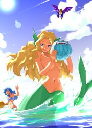  1boy 2girls aulbath bikini bishamon blonde_hair blue_eyes blue_hair brazilian breasts capcom chibi cute darkstalkers demitri_maximoff mermaid midnight_bliss monster_girl multiple_girls outdoors pyron rikuo sasquatch_(vampire) sky swimsuit vampire_(game) 