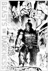  absurdres akuma black_and_white capcom crossover demon drawing epic eva_01 gouki highres male male_focus monochrome neon_genesis_evangelion night night_sky sky street_fighter 