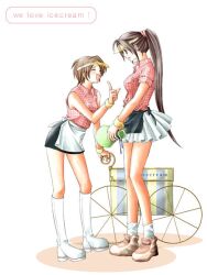  2girls apron boots cart female final_fantasy final_fantasy_vii food ice_cream long_hair multiple_girls plaid point short_hair skirt smile standing tifa_lockhart vendor visor wristband yuffie_kisaragi 