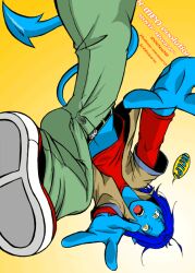  1boy blue_hair blue_skin hecomura male male_focus marvel nightcrawler simple_background solo tail x-men yellow_eyes 