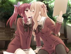  2girls arm_support bench black_legwear blonde_hair bow bowtie closed_eyes couple drawing_board game_cg hair_ribbon holding imminent_kiss kani_biimu long_hair matsubara_yuuna multiple_girls oda_nanami pantyhose red_hair ribbon school_uniform sidelocks sitting sono_hanabira_ni_kuchizuke_wo st._michael&#039;s_school_uniform thighhighs twintails v_arms wariza white_legwear yuri 