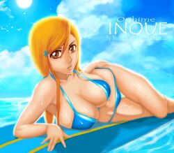  bad_source banned_artist bikini bleach bluedemon13 breasts brown_eyes cleavage huge_breasts inoue_orihime long_hair lying navel on_side orange_hair self_upload solo surfboard swimsuit thigh_gap wet 