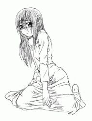  barefoot blush female kneel kneeling long_hair monochrome ringu solo spread_legs the_ring yamamura_sadako 