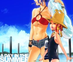  banned_artist blonde_hair denim denim_shorts eyes flat_chest fugi_jis hat innertube moriya_suwako multiple_girls purple_hair pyonta short_hair short_shorts shorts summer swimsuit touhou yasaka_kanako 