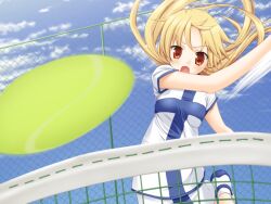  ball blonde_hair female game_cg orange_eyes outdoors sky solo sportswear tennis tennis_ball tennis_net tennis_uniform 