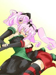  detached_sleeves hairband hug momo_velia_deviluke nana_asta_deviluke pink_hair purple_eyes short_hair siblings sisters socks striped striped_legwear striped_socks to_love-ru toloveru twins twintails violet_eyes ya_musashi_a 