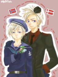  androgynous axis_powers_hetalia beret blonde_hair cross csesjudy denmark_(hetalia) hair_ornament hairclip hat norway_(hetalia) pixiv_thumbnail resized sailor_collar sailor_hat short_hair 