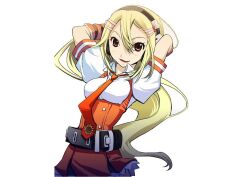  blonde_hair breasts dorothy_(oz) fingerless_gloves gloves grin hair_ornament hairclip headphones long_hair oz red_eyes seigo_tokiya smile traditional_media 