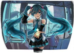  aqua_eyes aqua_hair aqua_nails bare_shoulders dolphin duplicate hatsune_miku highres kari_kenji long_hair md5_mismatch nail_polish solo thighhighs twintails vocaloid zettai_ryouiki 