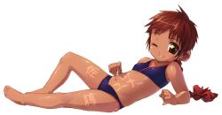  arm_support barefoot bikini braid brown_eyes brown_hair full_body legs lolicon long_hair low-tied_long_hair lying midriff one_eye_closed original parted_lips peeling satou_toshiyuki shiny shiny_skin simple_background smile solo swimsuit tan tanline translated white_background 