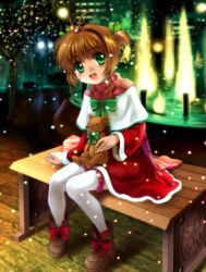  blush card_captor_sakura christmas dress frills green_eyes happy kinomoto_sakura kodansha lights lolicon moonknives mutsuki_(moonknives) sitting smile thighhighs 