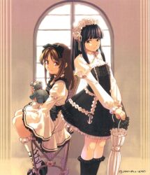  2girls black_hair brown_eyes brown_hair gothic gothic_lolita lolita lolita_fashion multiple_girls sitting standing stuffed_animal umbrella 