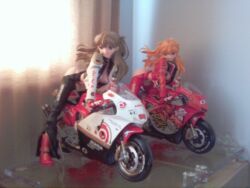  2girls baka german highres honda long_hair motorcycle multiple_girls neon_genesis_evangelion orange_hair soryu_asuka_langley souryuu_asuka_langley vehicle 