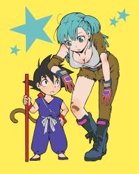  bandage bandages black_hair blue_eyes blue_hair boots bulma_briefs cute dragon_ball dragon_ball gloves matching_hair/eyes nyoibo son_goku son_gokuu staff tail tank_top tanktop 