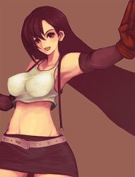  belt breasts brown_hair final_fantasy final_fantasy_vii impossible_clothes impossible_clothing impossible_shirt long_hair miniskirt simple_background skirt suspenders tifa_lockhart tifa_lockhart tifa_lockhart 